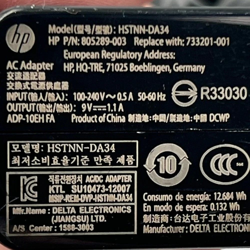 HP AC Adapter Tablet Charger OS Black Very Good HSTNN-DA34 9V 1.1A 805289-003